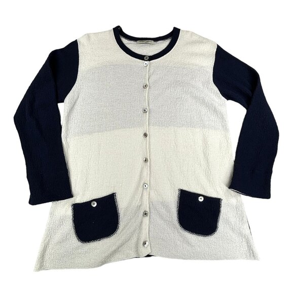 Margaret Winters Cardigan Sweater Women's Sm Navy White Button Pockets Lagenlook - Picture 1 of 8